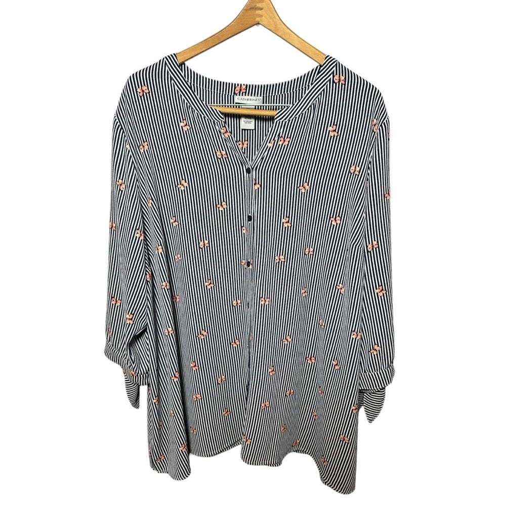 Butterfly Striped Navy & White Women's Top Blouse Bow Sleeves Plus 2X